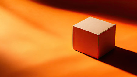 Small square box placed at an angle on an orange background, with dramatic lighting and shadow playの素材