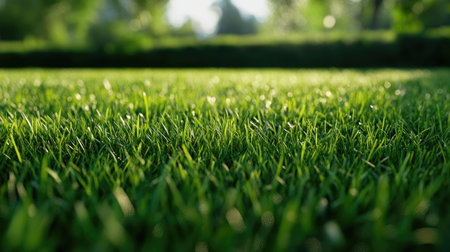 Wide shot of a thick, dense green grass lawn under bright daylight, perfect for outdoor or gardening visualsの素材