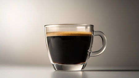 Transparent glass cup filled with black coffee, photographed in a studio with clean lighting and neutral backdropの素材