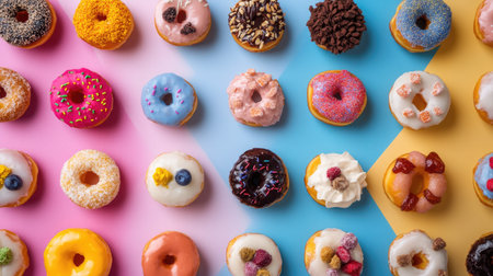 Variety of bite-sized donuts with unique icing and toppings placed neatly on a solid colorful backdropの素材