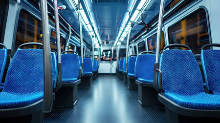 Neat and tidy interior of a new public transport bus with empty blue seats and a clean floorの素材