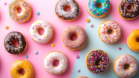 Mixed mini donuts featuring glazed, powdered, and sprinkled varieties on a bright, cheerful color backgroundの素材