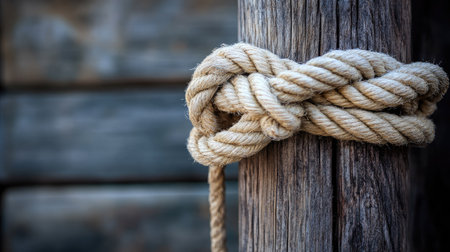 Rustic rope tied in a classic knot around an aged wooden pole, showing fibers and grain in sharp detailの素材