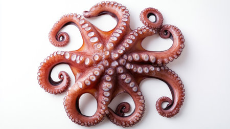 Top view of raw octopus isolated on a plain white background, focusing on natural form and slimy surface detailsの素材