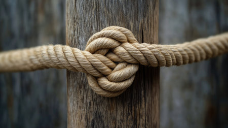 Macro shot of a strong knot in a rope tied to a textured wooden pole, symbolizing strength and connectionの素材