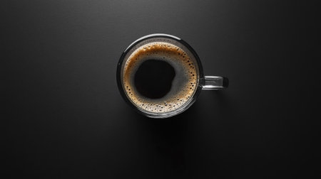 Top-down view of a glass coffee cup with crema, placed on a monochrome studio backdrop with strong lighting contrastの素材