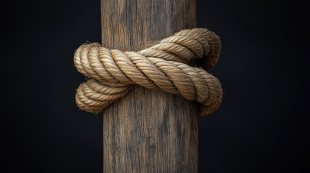 Studio shot of a coarse rope knotted tightly to a smooth wooden pole, highlighting contrast between materialsの素材