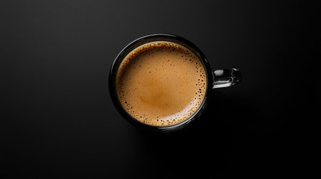 Top-down view of a glass coffee cup with crema, placed on a monochrome studio backdrop with strong lighting contrastの素材