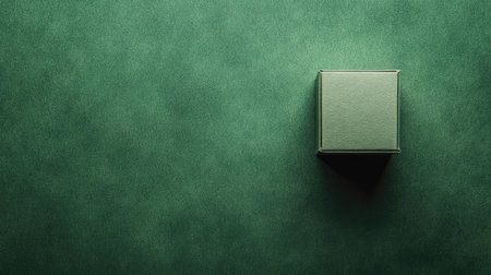 Top-down view of a tiny box centered on a green background, surrounded by clean space for copy or graphic overlayの素材