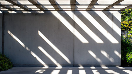 Sunlight breaking through gaps in a pergola, forming striped shadows on the concrete wall of an outdoor patioの素材