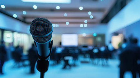 Professional meeting setup with a microphone in foreground and blurred silhouettes of attendees in backgroundの素材