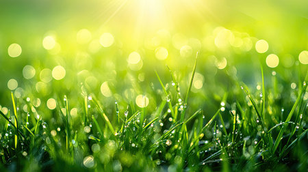 Seamless green grass background with dew drops sparkling in morning light, creating a fresh and lively atmosphereの素材