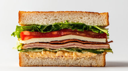 Studio shot of a neatly cut half club sandwich with visible ingredients, placed on a plain white surfaceの素材