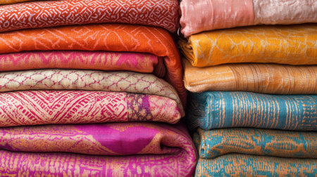 Piled fabrics in bold, contrasting colors with fine geometric embroidery, isolated in natural studio lightingの素材