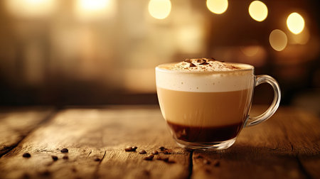 Studio scene with a glass cup of cappuccino on a wooden surface, warm tones and soft-focus background lightingの素材