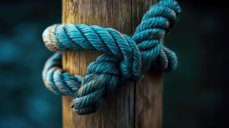 Macro shot of a strong knot in a rope tied to a textured wooden pole, symbolizing strength and connectionの素材