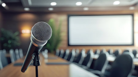 Microphone on a conference table with background elements including a projector screen and stacked chairsの素材