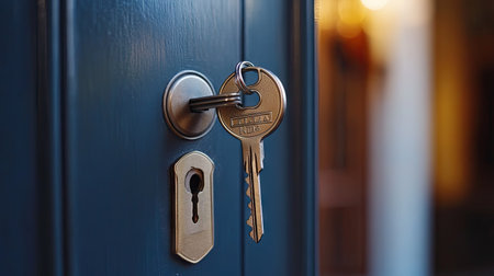 Metallic key inserted into the front door lock of a house, with a landlord's keychain dangling below, ready to turnの素材