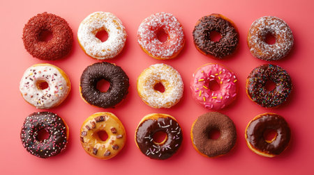 Mini donuts in diverse flavors and styles arranged in a circle on a solid, saturated colored backgroundの素材