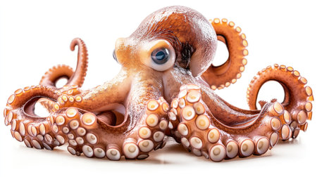 Raw seafood concept with a full octopus isolated on white, displaying glistening skin and vibrant natural featuresの素材
