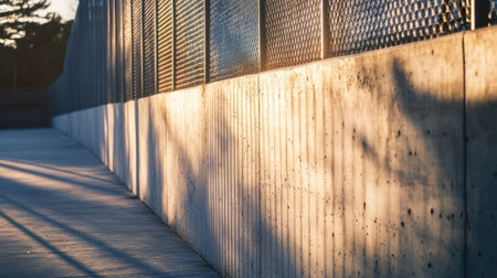 Long, soft shadows of a nearby fence falling across a light gray concrete wall during golden hourの素材