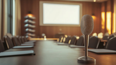 Microphone on a conference table with background elements including a projector screen and stacked chairsの素材