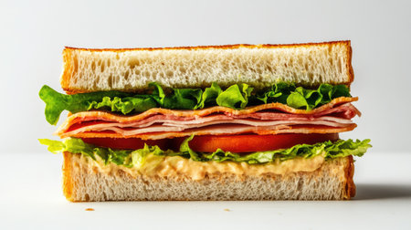 Studio shot of a neatly cut half club sandwich with visible ingredients, placed on a plain white surfaceの素材