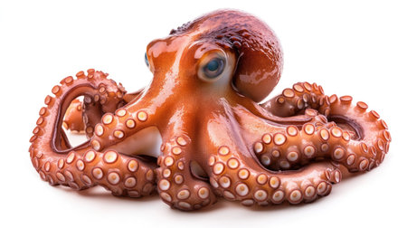 Raw seafood concept with a full octopus isolated on white, displaying glistening skin and vibrant natural featuresの素材