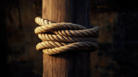 Tightly bound rope encircling a polished wooden pole, with dramatic lighting for a minimalist compositionの素材