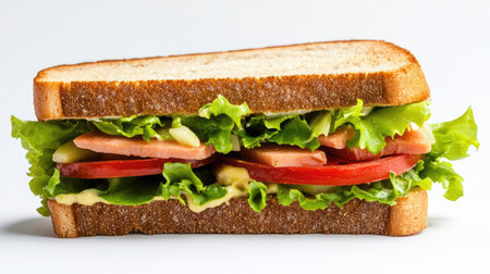 Minimalist image of a half club sandwich on white, emphasizing freshness and appetizing ingredients with clean lightingの素材