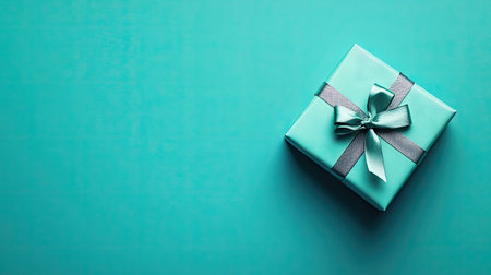 Small square gift box with a ribbon placed on a solid bright color background, perfect for celebration themesの素材