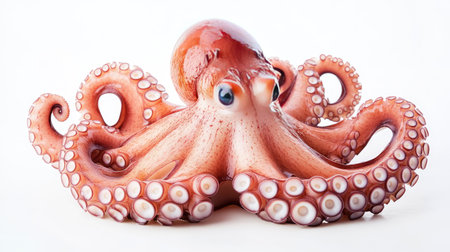 Studio shot of a raw octopus with spread-out tentacles on white, ideal for seafood, culinary, or packaging conceptsの素材