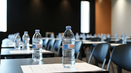 Prepared seminar room featuring plastic water bottles at each seat, creating a professional and welcoming environmentの素材
