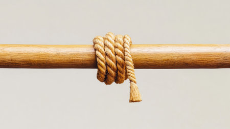Rope looped and tied around a horizontal wooden bar, isolated against a neutral background for clean visualsの素材