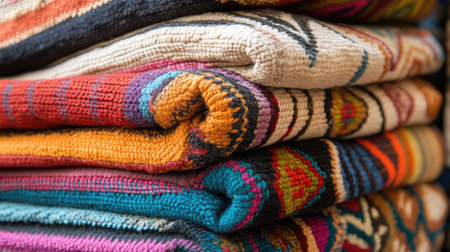 Stack of colorful woven textiles with bold geometric patterns folded neatly, showcasing rich texture and ethnic designの素材