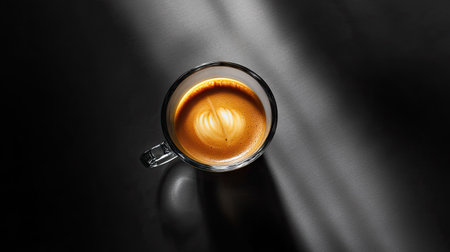 Top-down view of a glass coffee cup with crema, placed on a monochrome studio backdrop with strong lighting contrastの素材