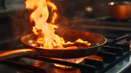 A close-up of a frying pan on a gas stove with flames burning beneath, highlighting the cooking process.の素材