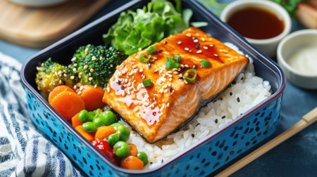 A colorful Japanese bento box filled with rice, teriyaki salmon, and small side dishes of vegetables.の素材