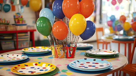 A children's party table with colorful plates, confetti, and a playful centerpiece featuring balloons.の素材