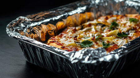 A close-up of a foil food box with a portion of takeaway pizza slices, wrapped in foil and ready for delivery.の素材