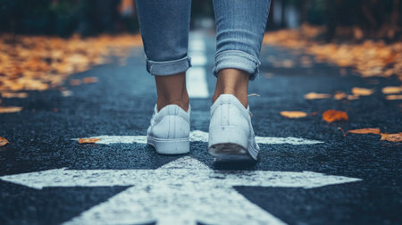 A close-up of a person's shoes stepping onto a marked road with arrows pointing forward, symbolizing progress.の素材