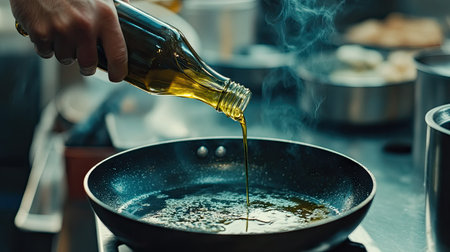 A chef's hand tilting a bottle of olive oil to pour into a frying pan, with a sizzling sound implied.の素材