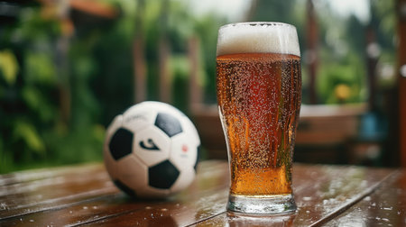 A clear beer glass with bubbles rising, sitting beside a soccer ball on a patio table.の素材