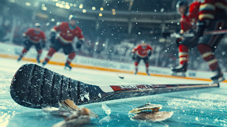 A broken hockey stick lying on the ice during an intense match, with players skating in the background.の素材