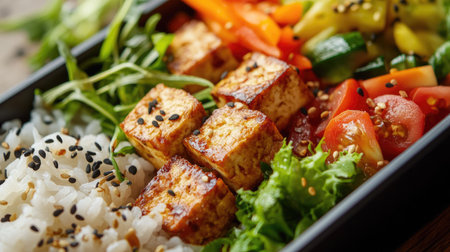A close-up of a beautifully decorated bento box with rice, pickled vegetables, tofu, and fresh greens.の素材