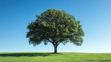 A clear shot of a tall tree with an expansive green canopy under a perfect blue sky.の素材