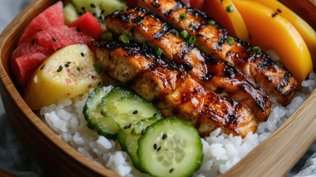 A close-up of a beautifully arranged Japanese bento box with rice, pickles, grilled fish, and a side of fruit.の素材