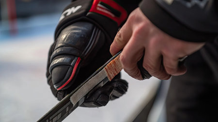 A close-up of a player's hands tightening tape on the blade of a hockey stick before a game.の素材