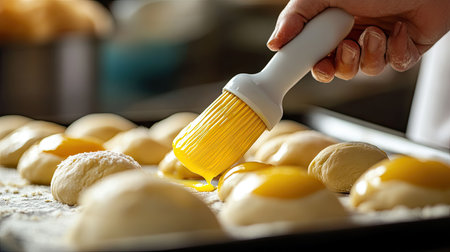 A close-up of a silicone brush being used by a pastry chef to brush egg yolk over bread dough on a baking tray.の素材