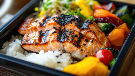 A close-up of a bento box with rice, grilled salmon, and a portion of stir-fried vegetables, perfect for lunch.の素材